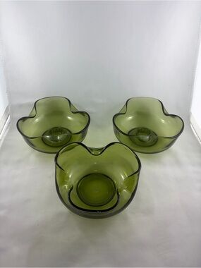 Vintage Indiana Glass Duette Tri-Fold Bowls Candle Holders Avocado Green Set